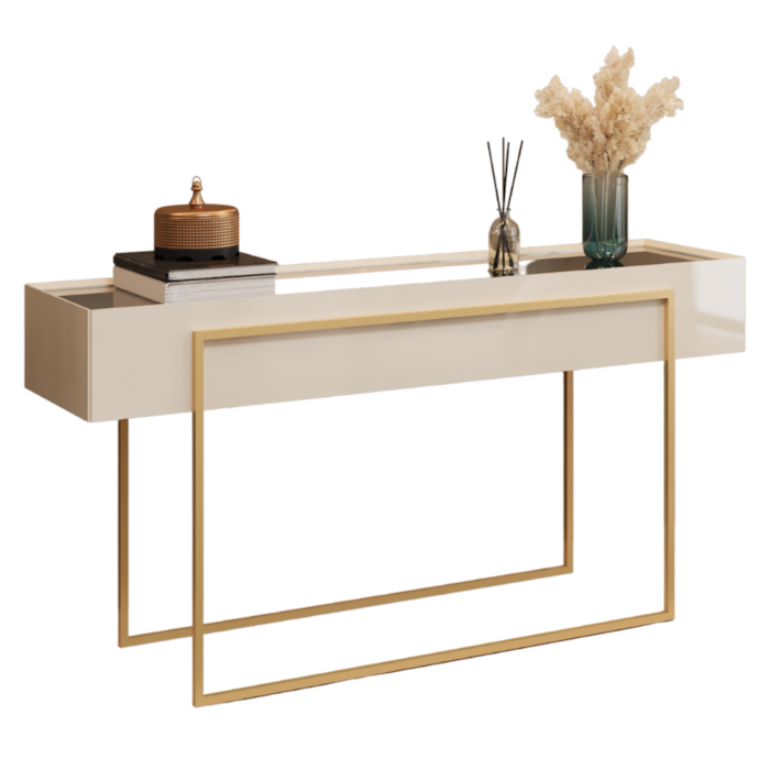 Aparador Tampo Espelhado 137 cm Pes Metal Kika Off White Dourado DJ MOVEIS