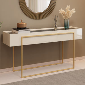 Aparador Tampo Espelhado 137 cm Pes Metal Kika Off White Dourado DJ MOVEIS