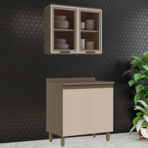 Armario Aereo 2 Portas Vidro E Balcao com Tampo MDF 80 cm Duna Cristal Henn