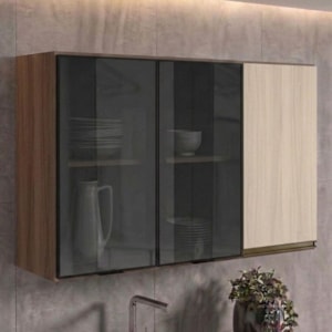 Armario Aereo 3 Portas Vidro MDF 120 cm Kali 1219717 Nicioli Carvalho Toq Bianco