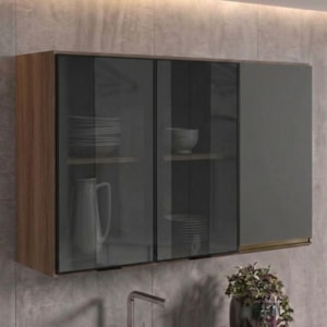 Armario Aereo 3 Portas Vidro MDF 120 cm Kali 1219717 Nicioli Carvalho Toq Chumbo