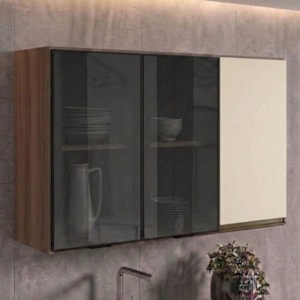 Armario Aereo 3 Portas Vidro MDF 120 cm Kali 1219717 Nicioli Carvalho Toq Off White