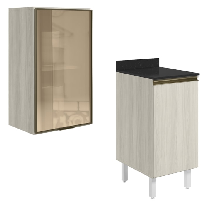 Armario Aereo Balcao 1P Vidro 40cm MDF Kali Bianco Toq Bianco Toq Nicioli