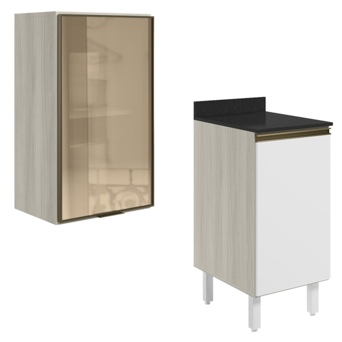 Armario Aereo Balcao 1P Vidro 40cm MDF Kali Bianco Toq Branco Uv Nicioli