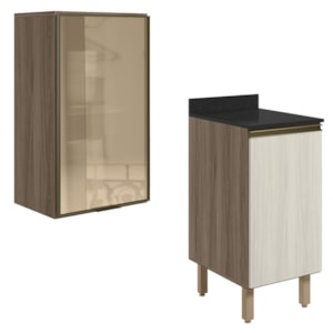 Armario Aereo Balcao 1P Vidro 40cm MDF Kali Carvalho Toq Bianco Toq Nicioli
