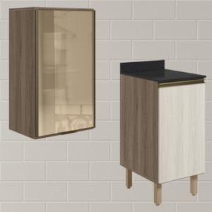 Armario Aereo Balcao 1P Vidro 40cm MDF Kali Carvalho Toq Bianco Toq Nicioli
