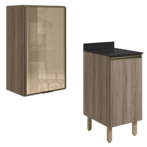 Armario Aereo Balcao 1P Vidro 40cm MDF Kali Carvalho Toq Carvalho Toq Nicioli