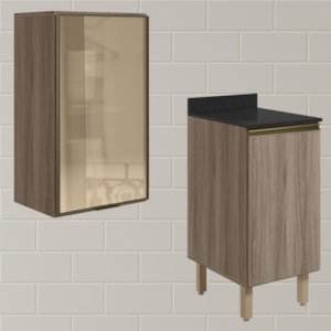 Armario Aereo Balcao 1P Vidro 40cm MDF Kali Carvalho Toq Carvalho Toq Nicioli