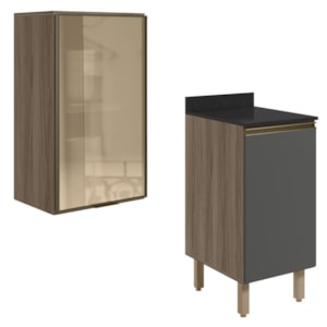 Armario Aereo Balcao 1P Vidro 40cm MDF Kali Carvalho Toq Chumbo Nicioli
