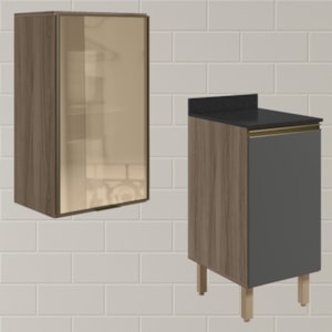 Armario Aereo Balcao 1P Vidro 40cm MDF Kali Carvalho Toq Chumbo Nicioli