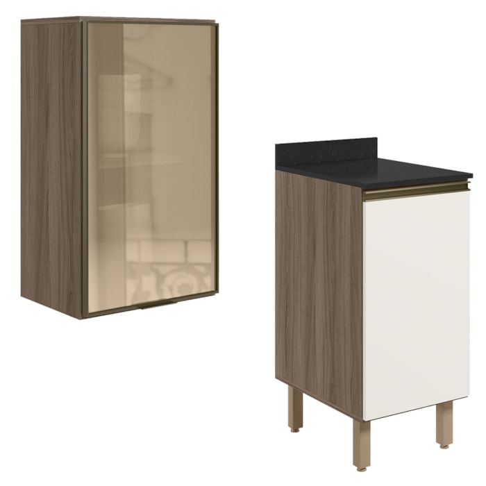 Armario Aereo Balcao 1P Vidro 40cm MDF Kali Carvalho Toq Off White Cetim Nicioli