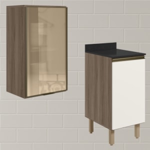 Armario Aereo Balcao 1P Vidro 40cm MDF Kali Carvalho Toq Off White Cetim Nicioli