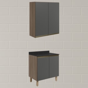 Armario Aereo Balcao 2 Portas 80cm MDF Kali Carvalho Toq Chumbo Nicioli