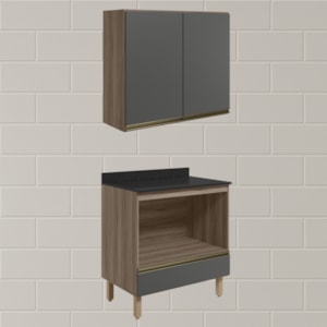 Armario Aereo Balcao Forno 80cm MDF Kali Carvalho Toq Chumbo Nicioli