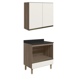 Armario Aereo Balcao Forno 80cm MDF Kali Carvalho Toq Off White Cetim Nicioli