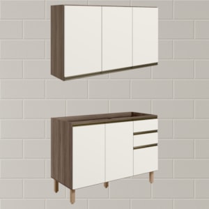 Armario Aereo Balcao Pia 120 cm MDF Kali Carvalho Toq Off White Cetim Nicioli