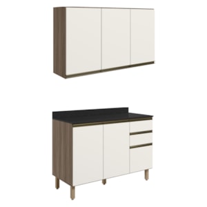 Armario Aereo Balcao Tampo 120cm MDF Kali Carvalho Toq Off White Cetim Nicioli