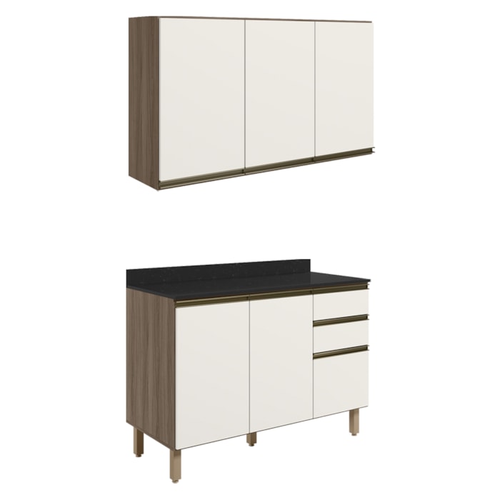 Armario Aereo Balcao Tampo 120cm MDF Kali Carvalho Toq Off White Cetim Nicioli