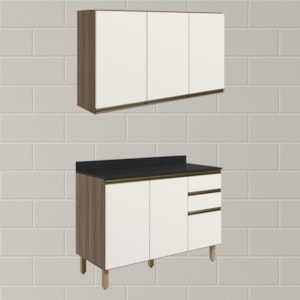 Armario Aereo Balcao Tampo 120cm MDF Kali Carvalho Toq Off White Cetim Nicioli