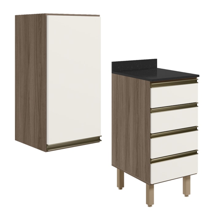 Armario Aereo E Balcao 1P 4G 40cm MDF Kali Carvalho Toq Off White Cetim Nicioli