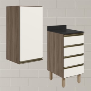 Armario Aereo E Balcao 1P 4G 40cm MDF Kali Carvalho Toq Off White Cetim Nicioli