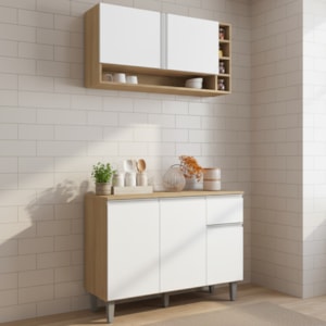 Armario Aereo E Balcao Com Tampo 105 cm Vanessa Amendoa Branco REAJL Moveis