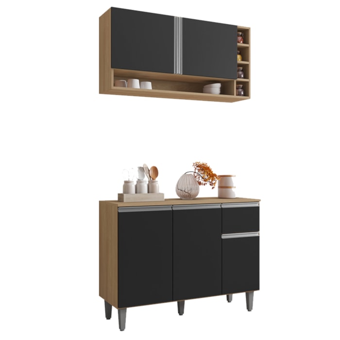 Armario Aereo E Balcao Com Tampo 105 cm Vanessa Amendoa Preto REAJL Moveis