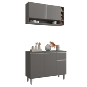 Armario Aereo E Balcao Com Tampo 105 cm Vanessa Cinza REAJL Moveis