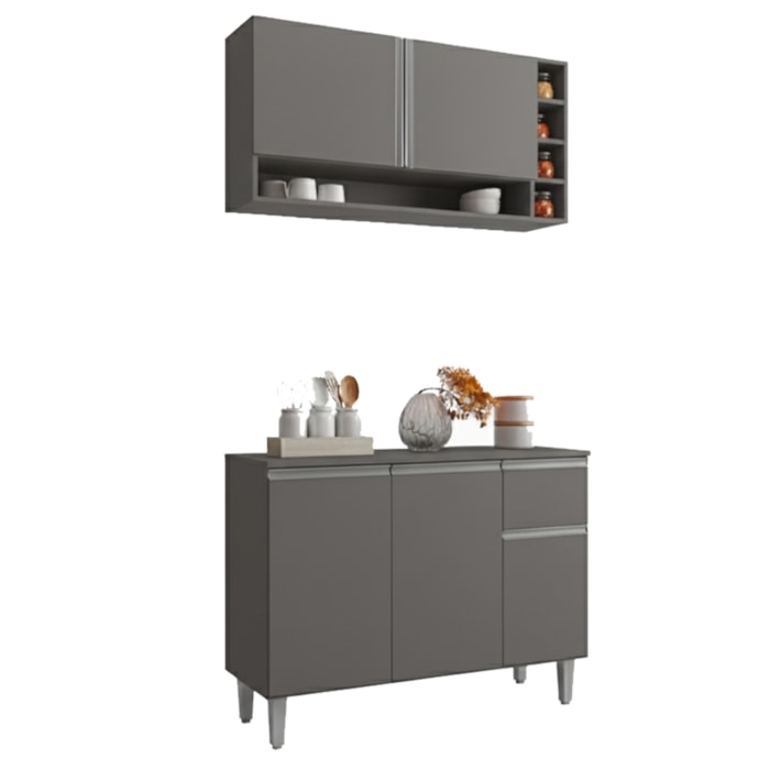 Armario Aereo E Balcao Com Tampo 105 cm Vanessa Cinza REAJL Moveis