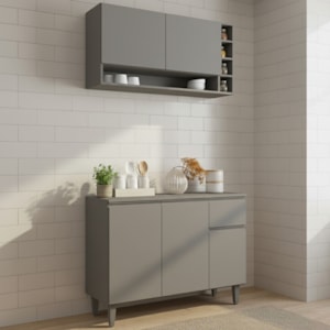 Armario Aereo E Balcao Com Tampo 105 cm Vanessa Cinza REAJL Moveis