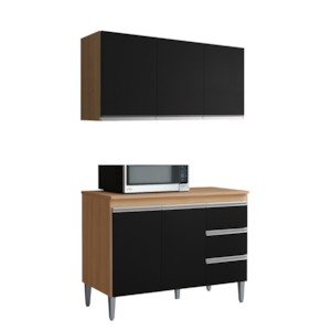 Armario Aereo E Balcao Com Tampo 120 cm Andreia Amendoa Preto REAJL Moveis