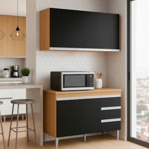 Armario Aereo E Balcao Com Tampo 120 cm Andreia Amendoa Preto REAJL Moveis