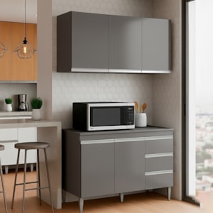 Armario Aereo E Balcao Com Tampo 120 cm Andreia Cinza REAJL Moveis