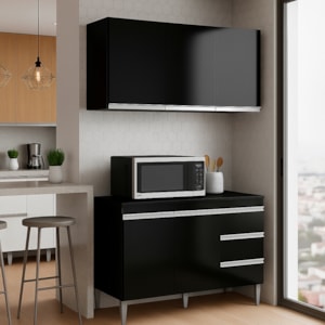 Armario Aereo E Balcao Com Tampo 120 cm Andreia Preto REAJL Moveis