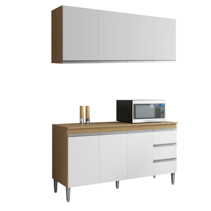 Armario Aereo E Balcao Com Tampo 160 cm Andreia Amendoa Branco REAJL Moveis