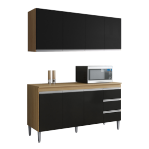 Armario Aereo E Balcao Com Tampo 160 cm Andreia Amendoa Preto REAJL Moveis