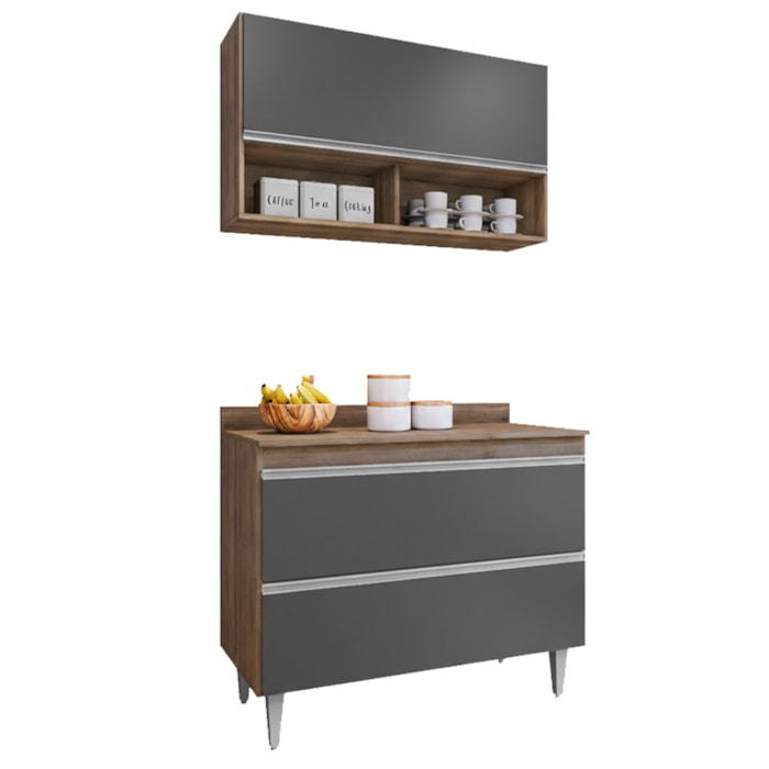 Armario Aereo E Balcao Com Tampo BP 100 cm Freijo Grafite Eratto Moveis