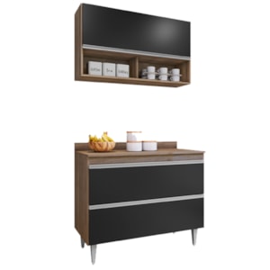 Armario Aereo E Balcao Com Tampo BP 100 cm Freijo Preto Eratto Moveis