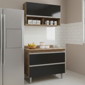 Armario Aereo E Balcao Com Tampo BP 100 cm Freijo Preto Eratto Moveis