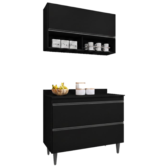 Armario Aereo E Balcao Com Tampo BP 100 cm Preto Eratto Moveis