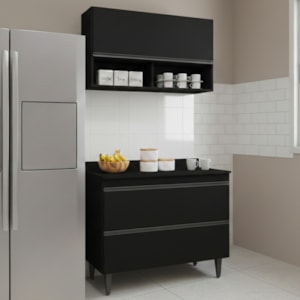 Armario Aereo E Balcao Com Tampo BP 100 cm Preto Eratto Moveis