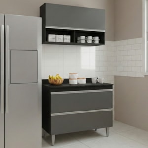 Armario Aereo E Balcao Com Tampo BP 100 cm Preto Grafite Eratto Moveis