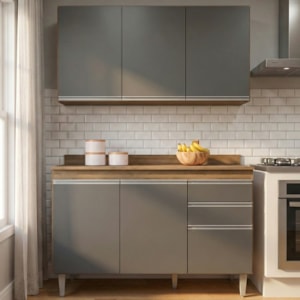 Armario Aereo E Balcao Com Tampo BP 120 cm Freijo Grafite Eratto Moveis