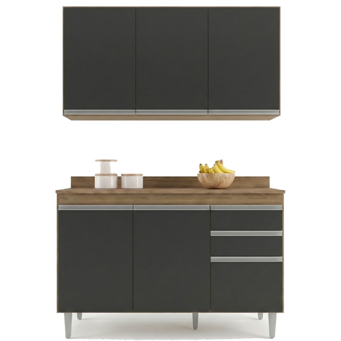 Armario Aereo E Balcao Com Tampo BP 120 cm Freijo Preto Eratto Moveis