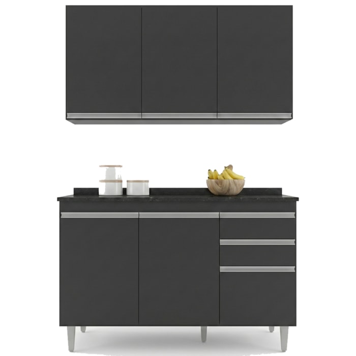 Armario Aereo E Balcao Com Tampo BP 120 cm Preto Eratto Moveis