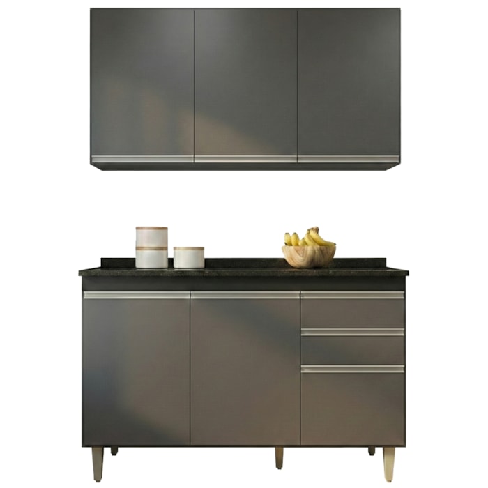 Armario Aereo E Balcao Com Tampo BP 120 cm Preto Grafite Eratto Moveis