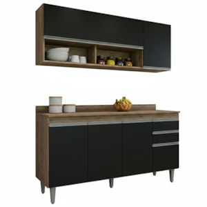 Armario Aereo E Balcao Com Tampo BP 150 cm Freijo Preto Eratto Moveis