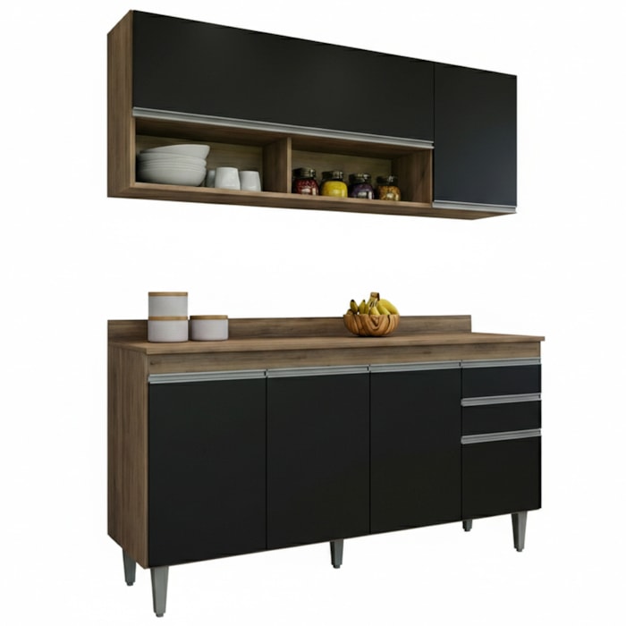 Armario Aereo E Balcao Com Tampo BP 150 cm Freijo Preto Eratto Moveis