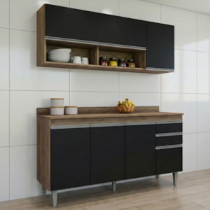 Armario Aereo E Balcao Com Tampo BP 150 cm Freijo Preto Eratto Moveis