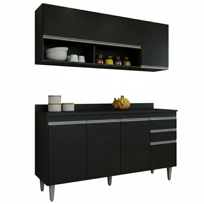 Armario Aereo E Balcao Com Tampo BP 150 cm Preto Eratto Moveis